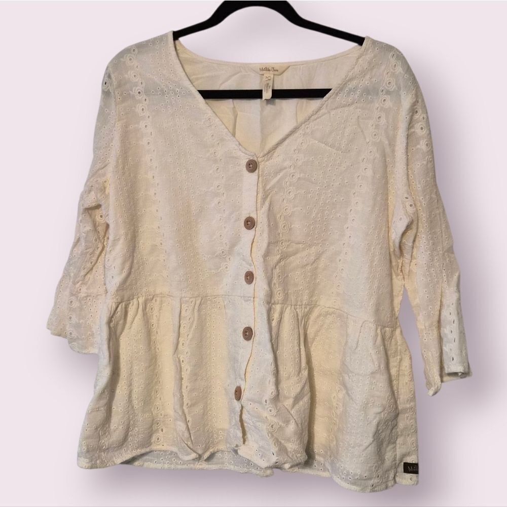 Matilda Jane Dream Chasers Have A Good Day Blouse Size Large White / Ivory | EUC